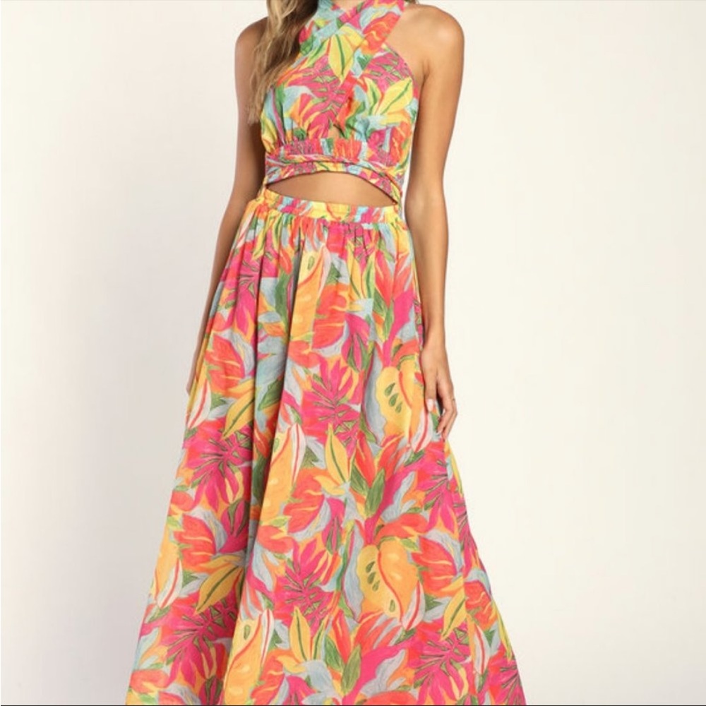 Lulus Tropical Breezes Multi Tropical Backless Halter Maxi Dress small